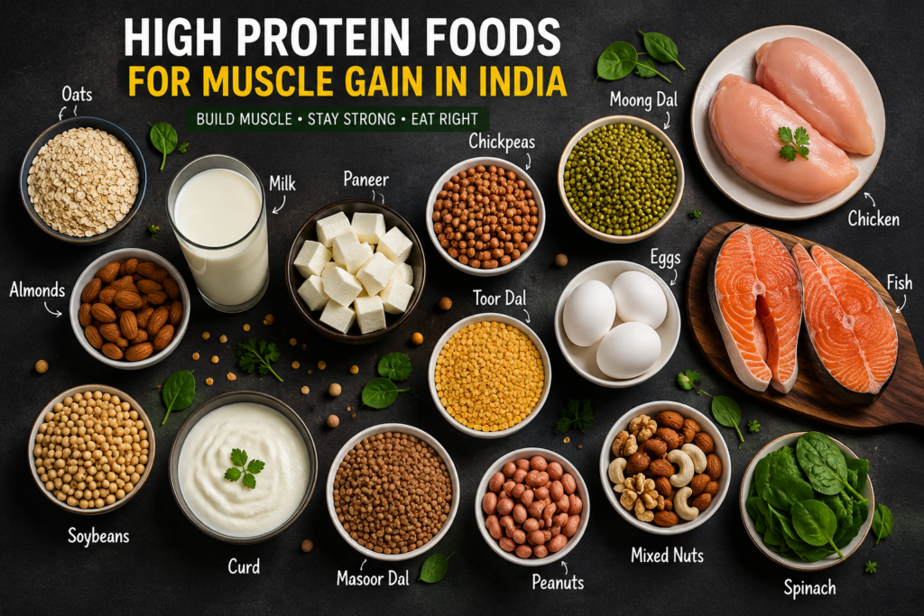 Best protein-rich foods for muscle gain in India including paneer, chicken, eggs, dal and milk