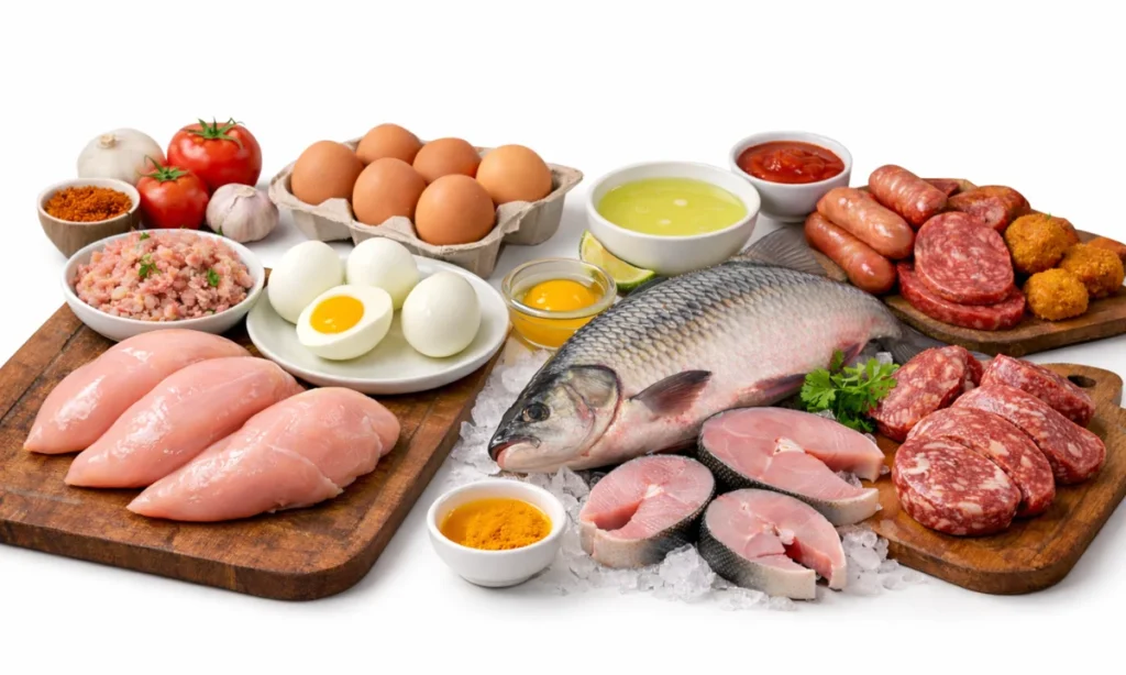 Non vegetarian protein foods for muscle gain including chicken breast, eggs and fish