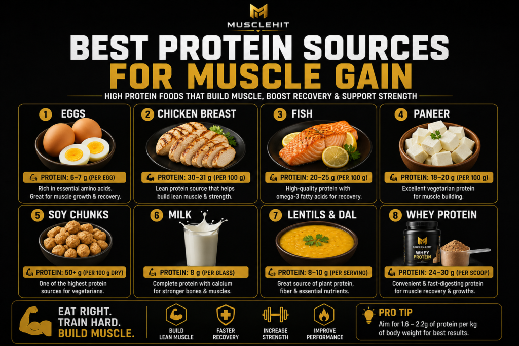 Best protein sources for muscle gain including eggs chicken breast fish paneer soy chunks milk lentils and whey protein Best protein sources for muscle gain including eggs chicken breast fish paneer soy chunks milk lentils and whey protein