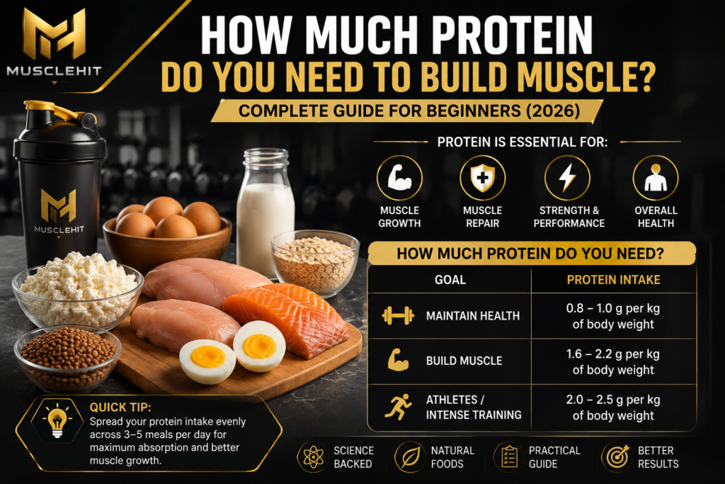 How Much Protein Do You Need to Build Muscle infographic showing daily protein intake chart and high-protein foods for muscle gain How Much Protein Do You Need to Build Muscle infographic showing daily protein intake chart and high-protein foods for muscle gain