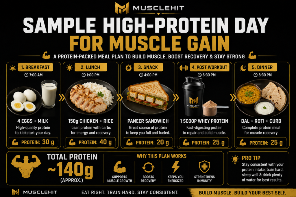 Sample high protein meal plan for muscle gain including breakfast lunch snack whey protein and dinner with 140 grams of protein Sample high protein meal plan for muscle gain including breakfast lunch snack whey protein and dinner with 140 grams of protein