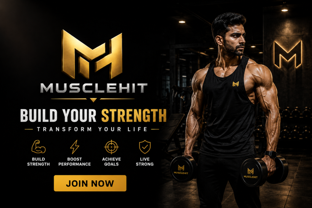 MuscleHit fitness gym with muscular man holding dumbbells in a black and gold gym