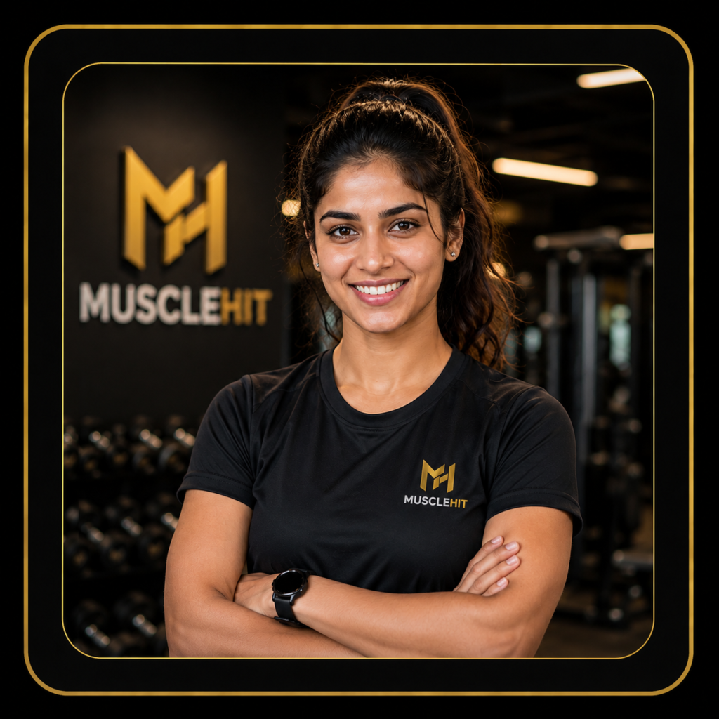 Smiling female MuscleHit fitness member in gym