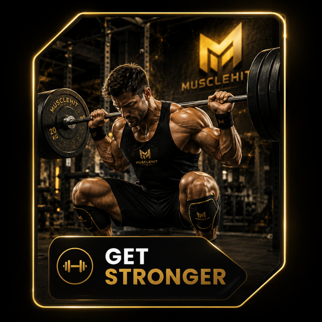 MuscleHit athlete performing heavy barbell squat for strength training