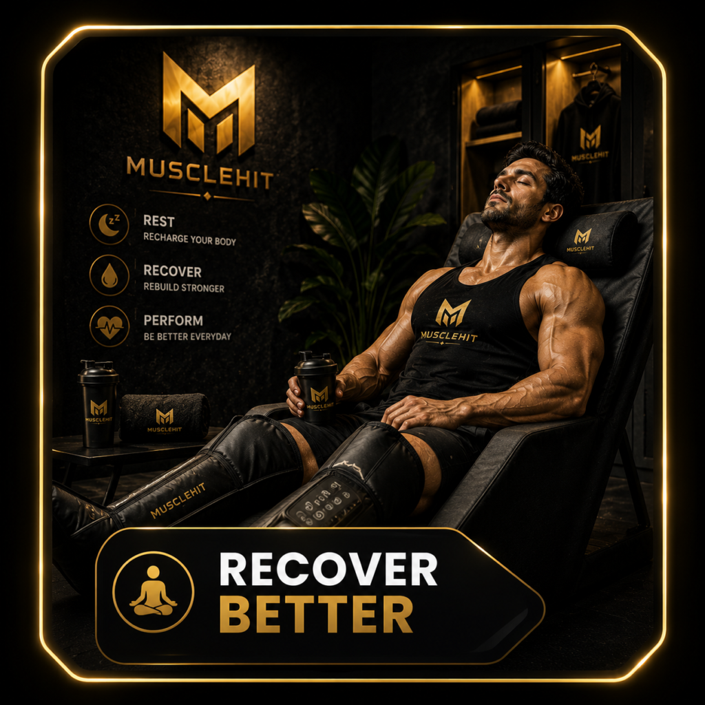 MuscleHit athlete recovering after intense training in a premium gym
