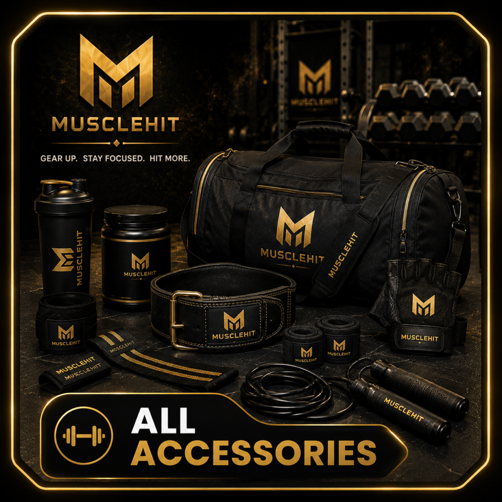 MuscleHit gym accessories including duffle bag, shaker, lifting belt, wrist wraps, gloves and skipping rope