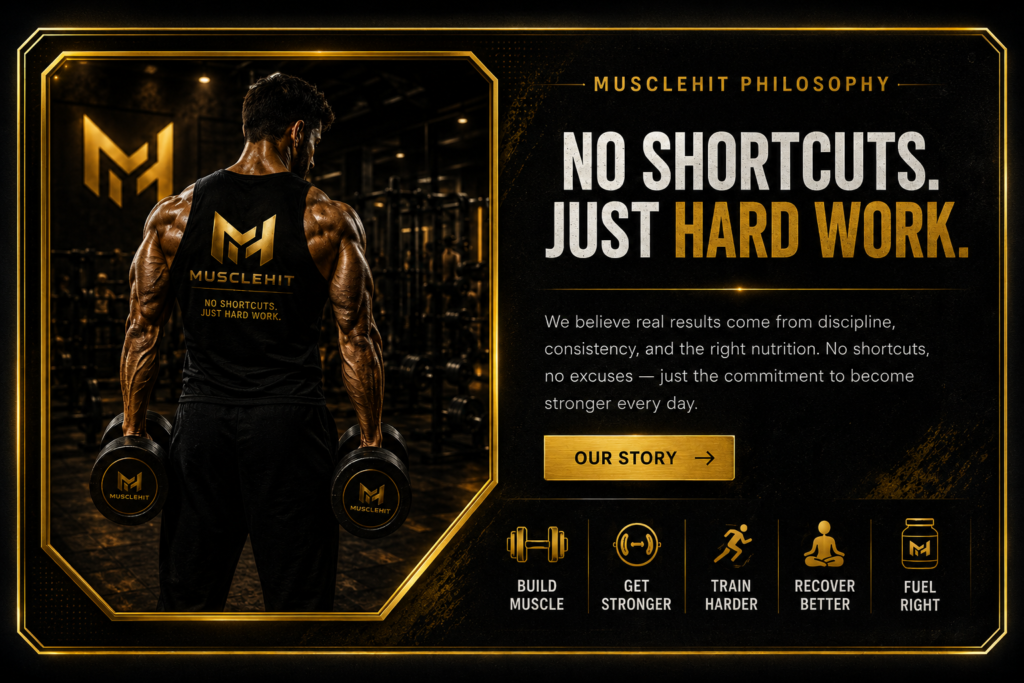 MuscleHit philosophy with athlete training in gym and No Shortcuts Just Hard Work message