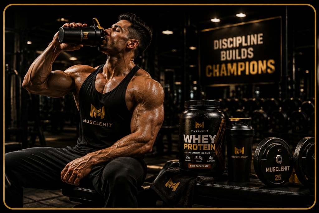 MuscleHit bodybuilder drinking protein shake in a gym