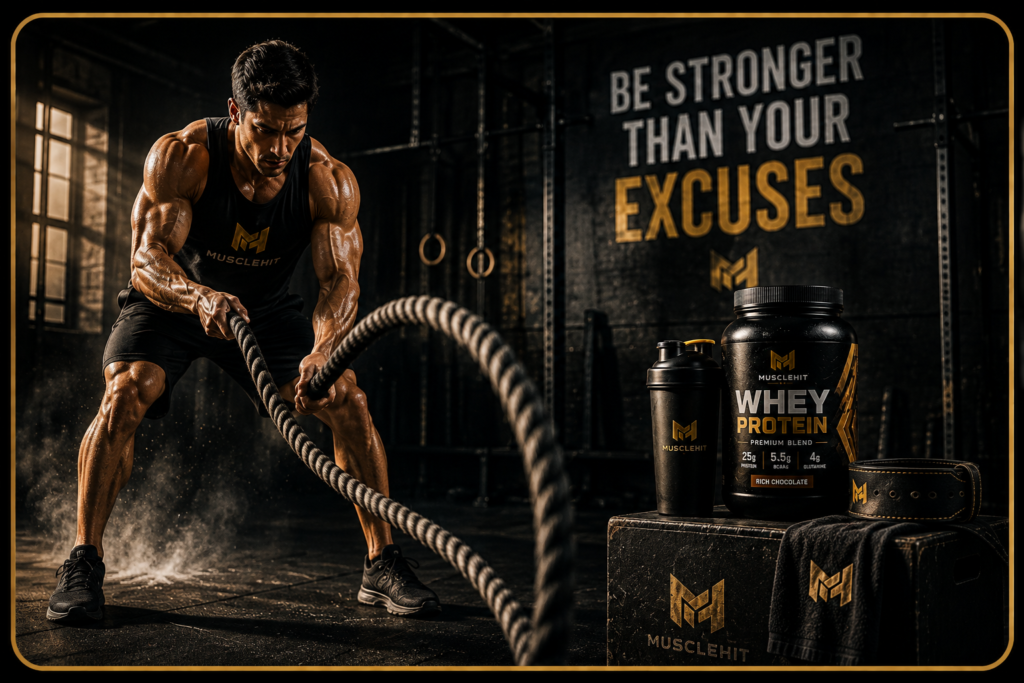 MuscleHit athlete performing battle rope workout in gym