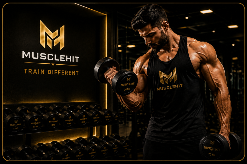 MuscleHit bodybuilder performing dumbbell workout in a premium gym