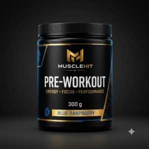 MuscleHit Pre-Workout Blue Raspberry 300g tub with a black scoop filled with fine supplement powder.