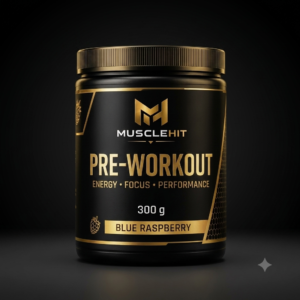MuscleHit Pre-Workout Blue Raspberry 300g tub with a black scoop filled with fine supplement powder.