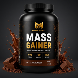 MuscleHit Mass Gainer 3kg tub on light grey studio background