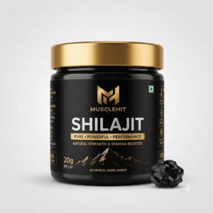 MuscleHit Shilajit 20g black jar with gold lid standing upright on a light grey background