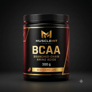 MuscleHit BCAA Watermelon Flavour 300g tub with a black scoop filled with fine amino acid powder.