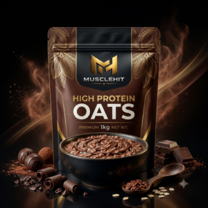 MuscleHit Chocolate High Protein Oats pouch with bowl of creamy chocolate oats