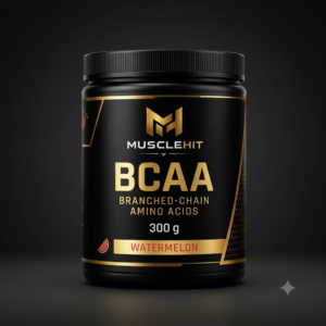 MuscleHit BCAA Watermelon Flavour 300g tub with a scoop filled with fine amino acid powder.